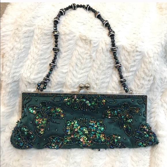 Handbags - Beaded Sequin Butterfly Clutch Handbag Emerald